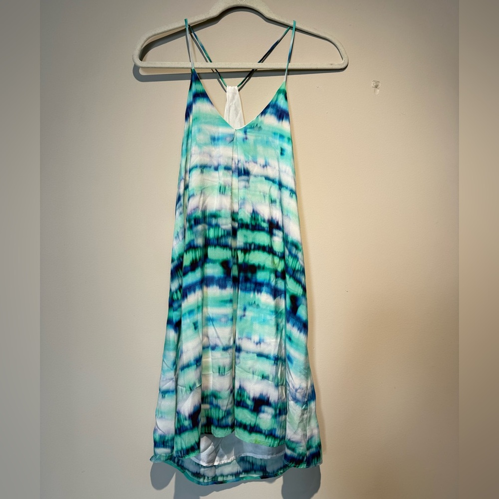 100% Silk Flowy Watercolor Blue Green Dress
